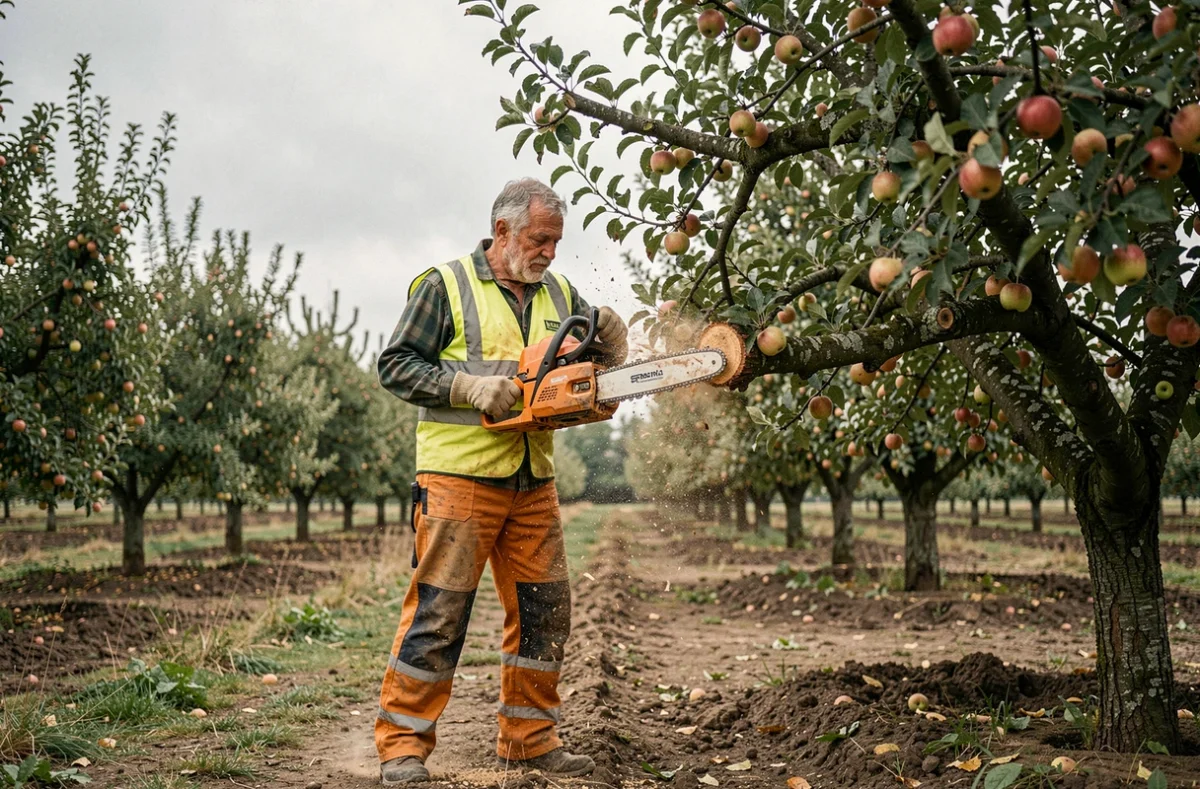 Élagueur professionnel utilisant une tronçonneuse pour tailler un arbre fruitier dans un verger rural en France