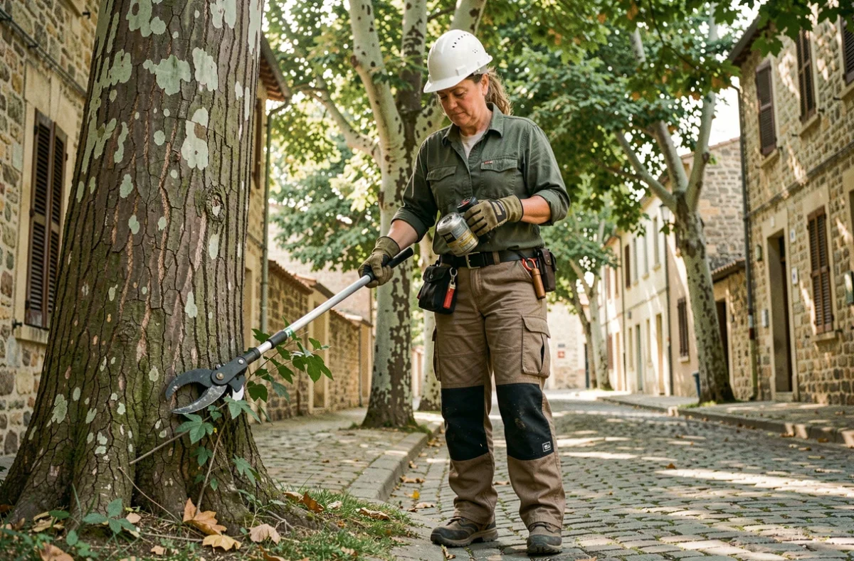 Élagueuse utilisant une scie télescopique pour tailler un platane en milieu urbain