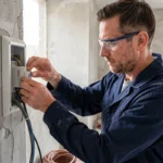 Électricien professionnel installant un module Yokis va-et-vient sans fil dans une boîte électrique murale lors d'une rénovation résidentielle