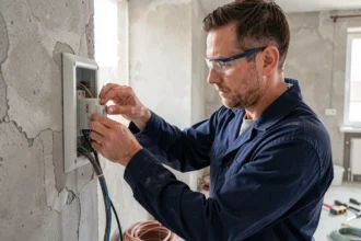Électricien professionnel installant un module Yokis va-et-vient sans fil dans une boîte électrique murale lors d'une rénovation résidentielle