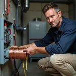 Électricien mesurant une section de fil électrique en cuivre devant un tableau électrique résidentiel ouvert