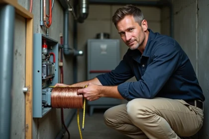 Électricien mesurant une section de fil électrique en cuivre devant un tableau électrique résidentiel ouvert