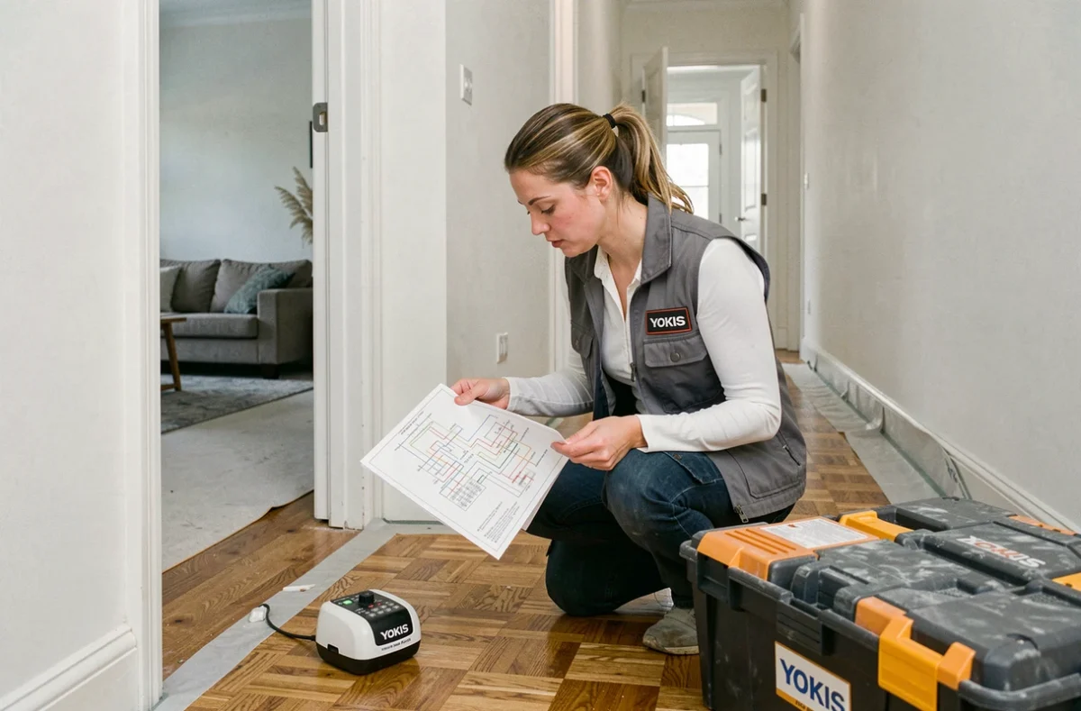 Électricienne consultant un schéma de câblage pour installer un va-et-vient Yokis sans neutre dans un couloir en cours de rénovation