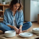 Femme emballant des assiettes en porcelaine dans une cuisine