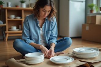 Femme emballant des assiettes en porcelaine dans une cuisine