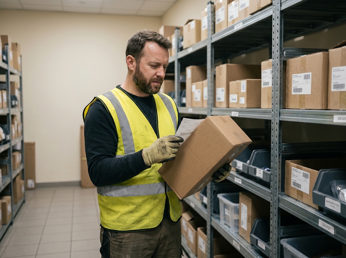 Employé d'entrepôt inspectant des produits stockés sur des rayonnages métalliques industriels