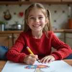 Fille souriante dessinant un champignon dans la cuisine