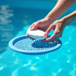 Panier de skimmer de piscine bleue avec main insérant une pastille de chlore