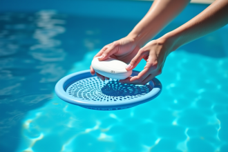 Panier de skimmer de piscine bleue avec main insérant une pastille de chlore