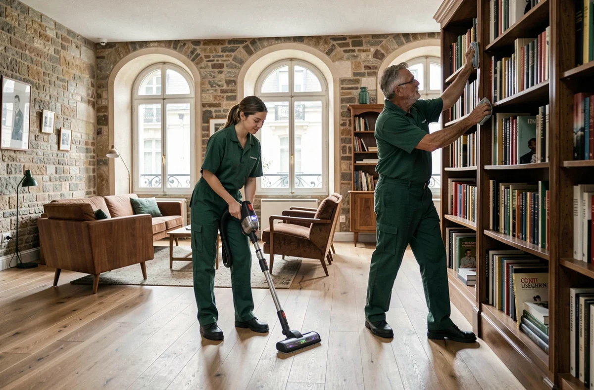 Équipe de deux agents d'entretien professionnels nettoyant un loft parisien rénové en tenue de travail assortie