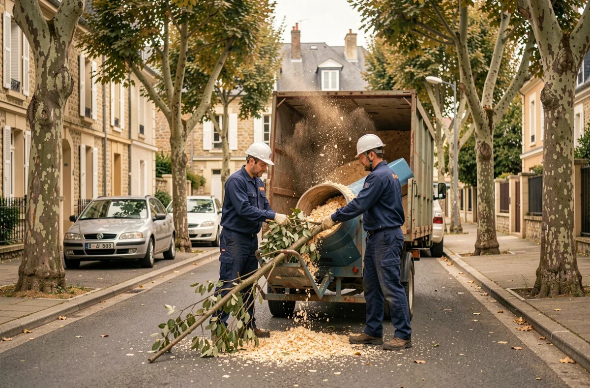 Deux élagueurs en uniforme alimentant un broyeur de branches dans une rue résidentielle française