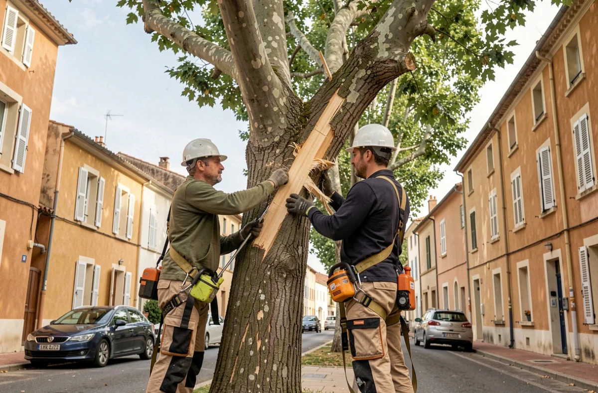 Deux élagueurs en sécurité retirant une grosse branche d'un platane dans une rue résidentielle de Marignane