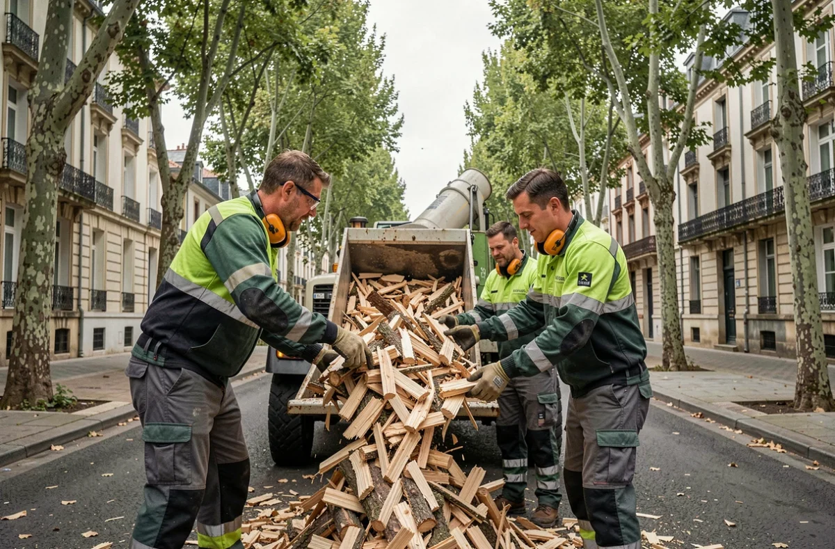 Équipe d'élagueurs utilisant un broyeur de branches dans une rue de Pau