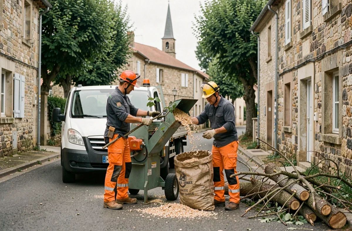 Équipe d'élagueurs utilisant un broyeur de branches dans une rue de village du Tarn