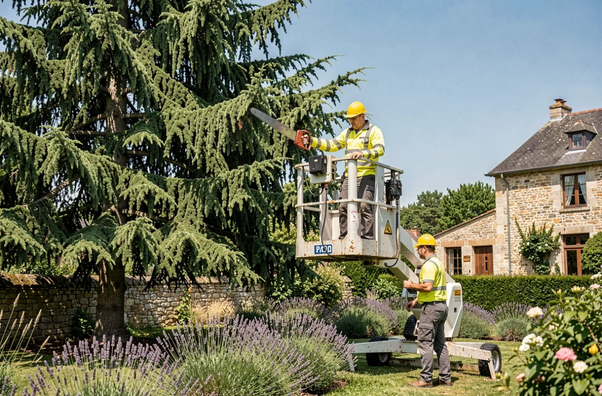 Deux élagueurs travaillant ensemble avec une nacelle pour tailler un cèdre dans un jardin privé