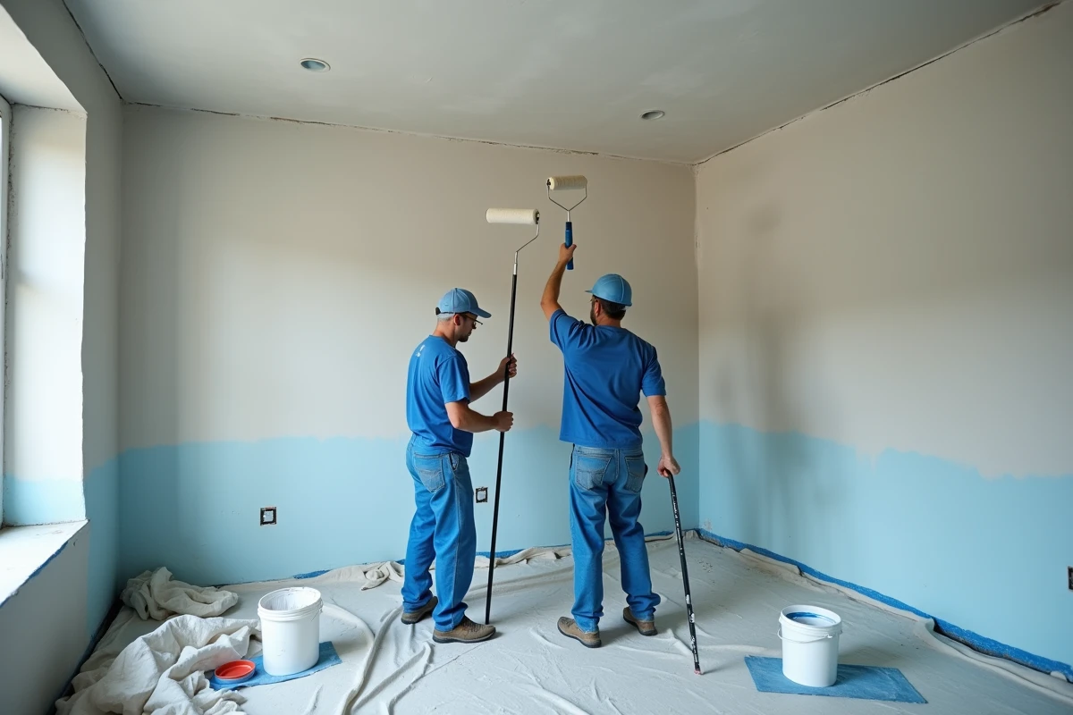 Deux peintres professionnels en train de peindre et préparer un grand plafond de 50m² dans une pièce en rénovation