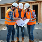 Groupe de trois ouvriers en chantier construction