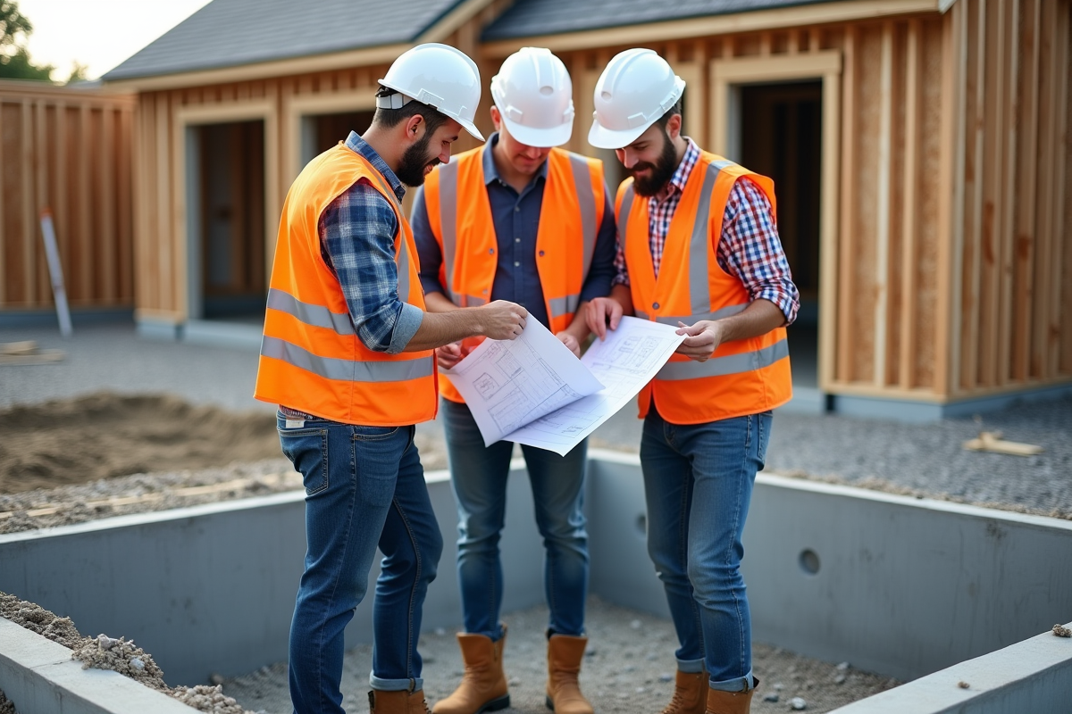 Groupe de trois ouvriers en chantier construction