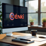 Espace de travail moderne avec logo Enki sur l'écran