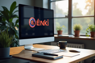 Espace de travail moderne avec logo Enki sur l'écran