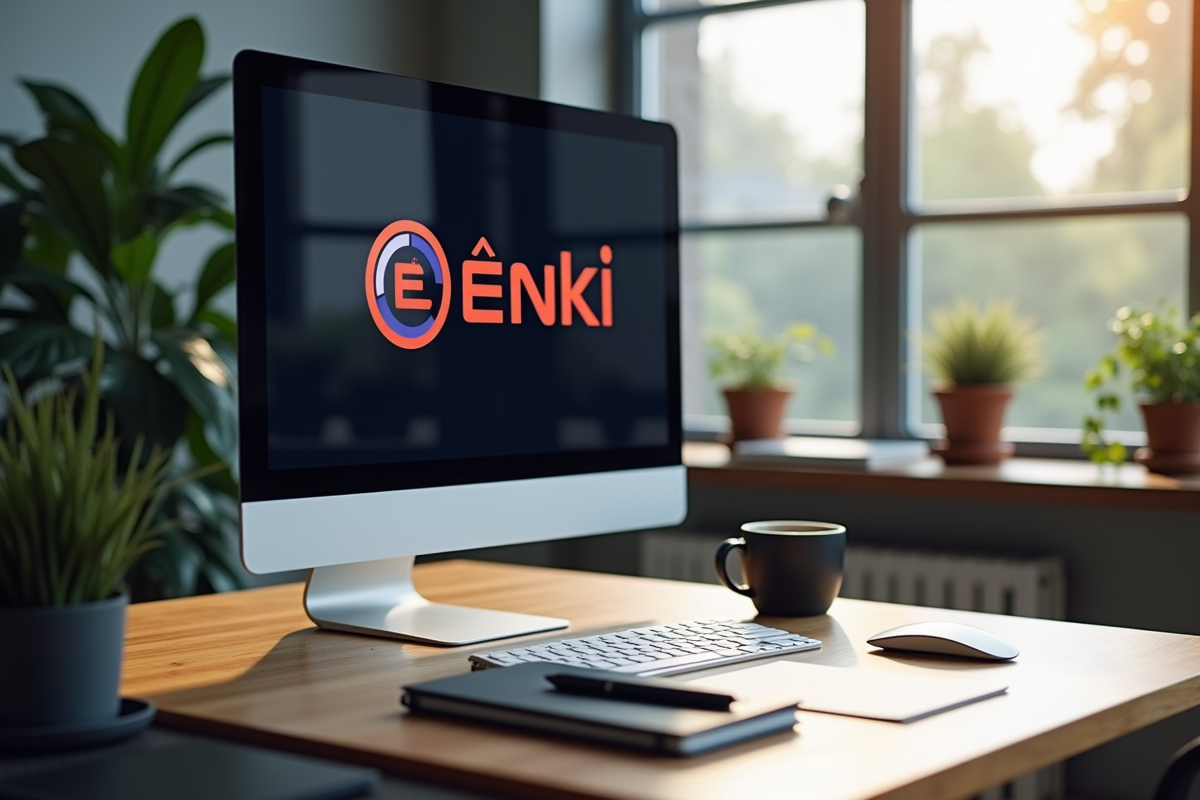 Espace de travail moderne avec logo Enki sur l'écran