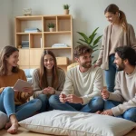 Groupe d'étudiants assemble un meuble dans un salon moderne