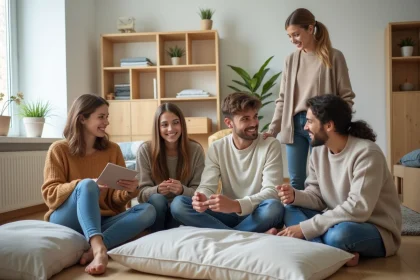 Groupe d'étudiants assemble un meuble dans un salon moderne