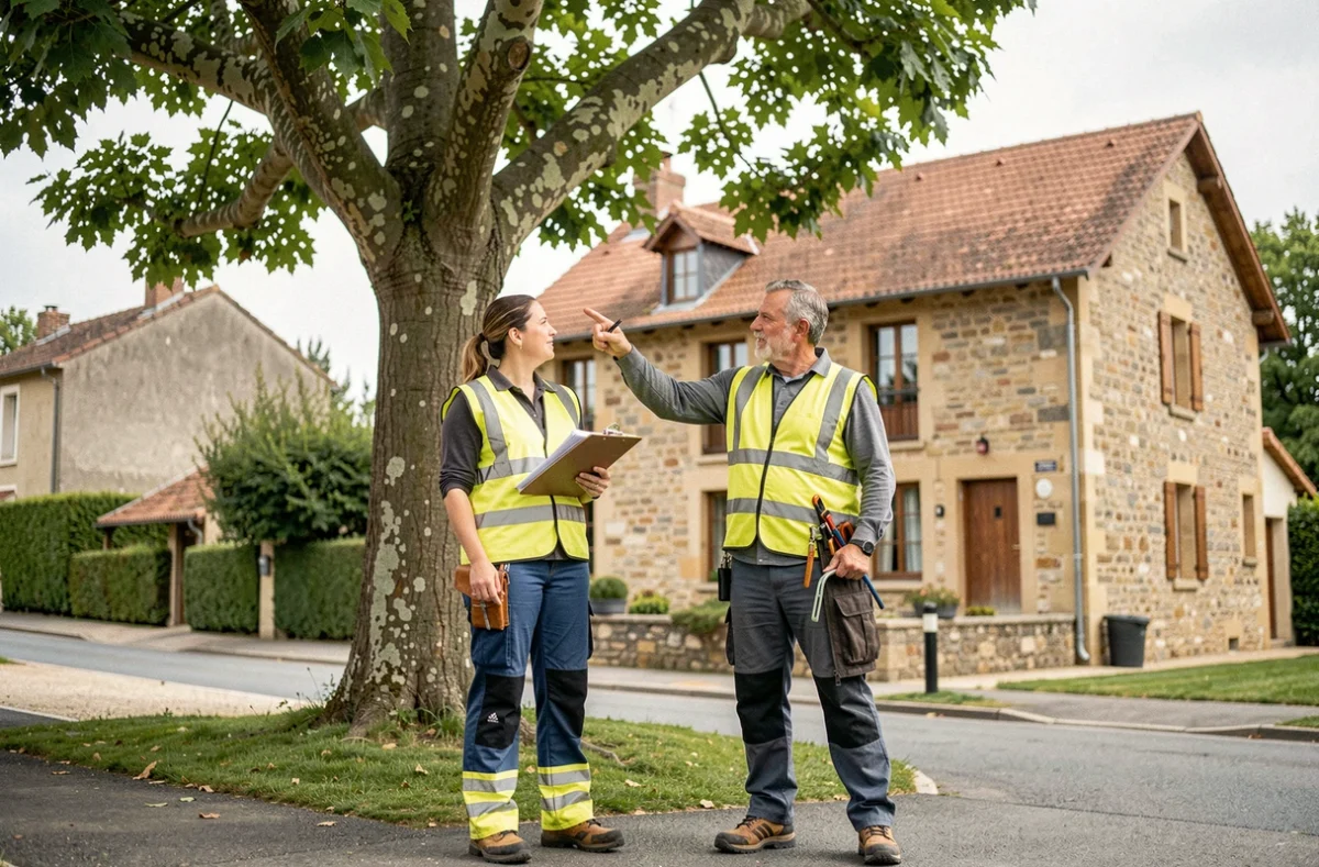 Deux élagueurs en train d'évaluer un arbre devant une maison à Pau