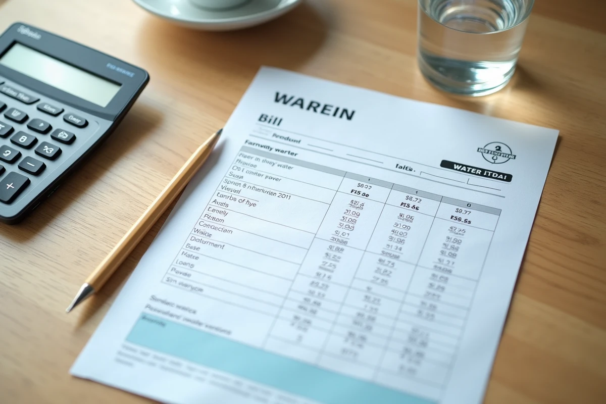 Facture d'eau mensuelle avec calcul de consommation posée sur un bureau en bois avec calculatrice et stylo