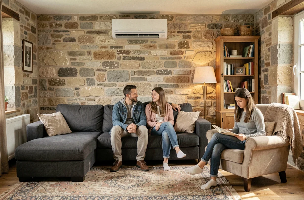 Famille française profitant du confort d'une pompe à chaleur air-air Hitachi dans leur salon cosy