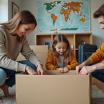 Famille préparant un déménagement international dans un salon