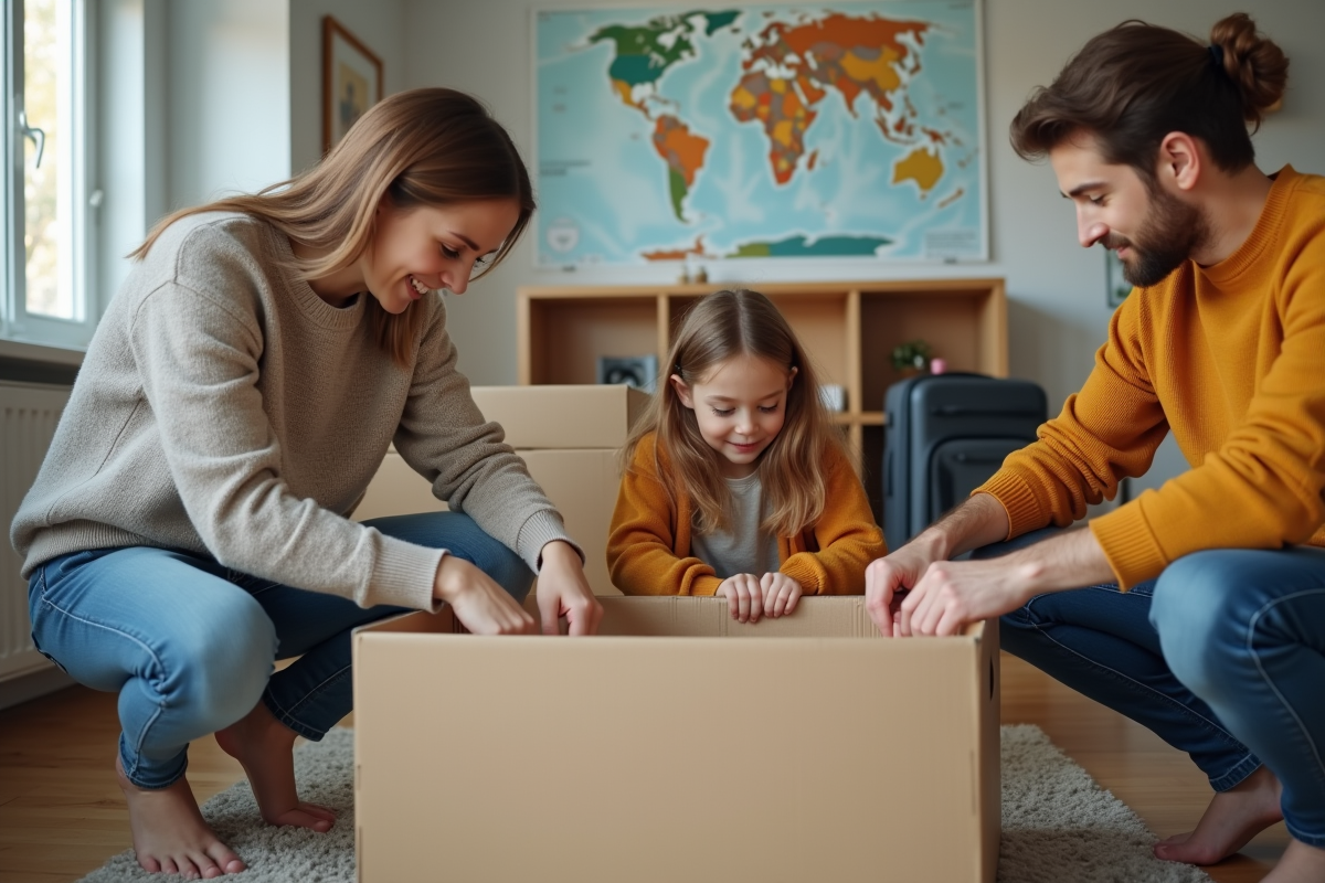 Famille préparant un déménagement international dans un salon