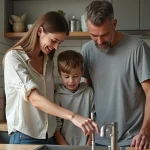 Famille de trois personnes examinant un compteur d'eau dans une cuisine moderne pour calculer leur consommation