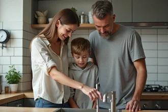 Famille de trois personnes examinant un compteur d'eau dans une cuisine moderne pour calculer leur consommation