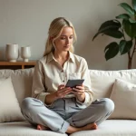 Femme utilisant une application de décoration intérieure sur tablette dans un salon épuré et chaleureux