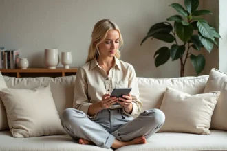Femme utilisant une application de décoration intérieure sur tablette dans un salon épuré et chaleureux