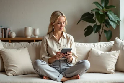 Femme utilisant une application de décoration intérieure sur tablette dans un salon épuré et chaleureux