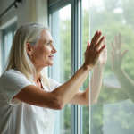 Femme appliquant film réfléchissant sur une fenêtre intérieure