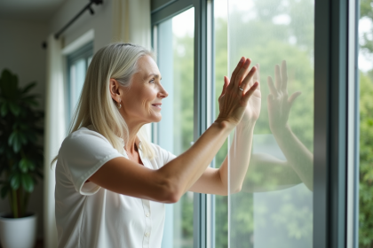 Femme appliquant film réfléchissant sur une fenêtre intérieure