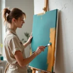 Femme artiste peignant un tableau de couleur sur mesure dans son atelier avec des tons teal et ocre