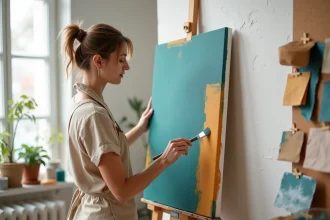 Femme artiste peignant un tableau de couleur sur mesure dans son atelier avec des tons teal et ocre