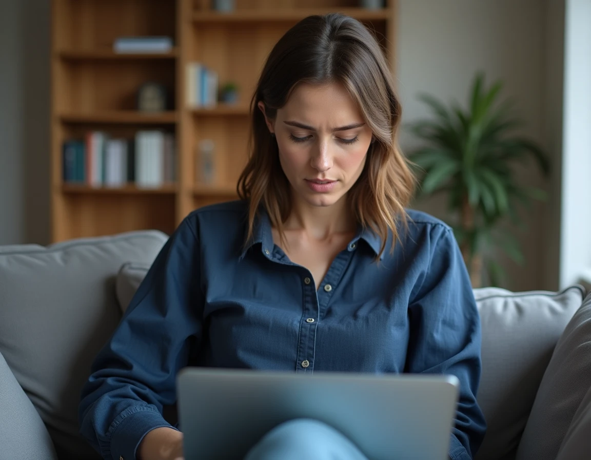 Femme lisant des avis clients sur un site de devis rénovation depuis son canapé