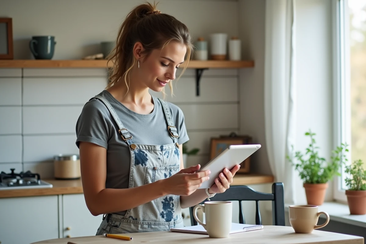 Femme consultant un blog de bricolage sur tablette dans sa cuisine avec un projet de rénovation en arrière-plan