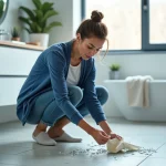 Femme en cardigan bleu ramassant des éclats de miroir dans la salle de bain