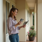 Femme comparant des échantillons de peinture sur façade extérieure