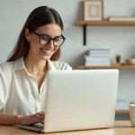 Jeune femme découvrant un code promo Sklum sur son ordinateur portable dans un bureau scandinave minimaliste