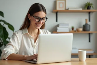 Jeune femme découvrant un code promo Sklum sur son ordinateur portable dans un bureau scandinave minimaliste