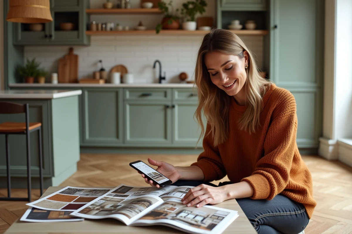 Femme comparant des échantillons de matériaux avec une application de décoration sur smartphone dans un intérieur contemporain