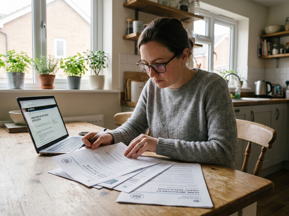 Femme consultant des dossiers d'aides d'État pour la rénovation de ses fenêtres à son domicile