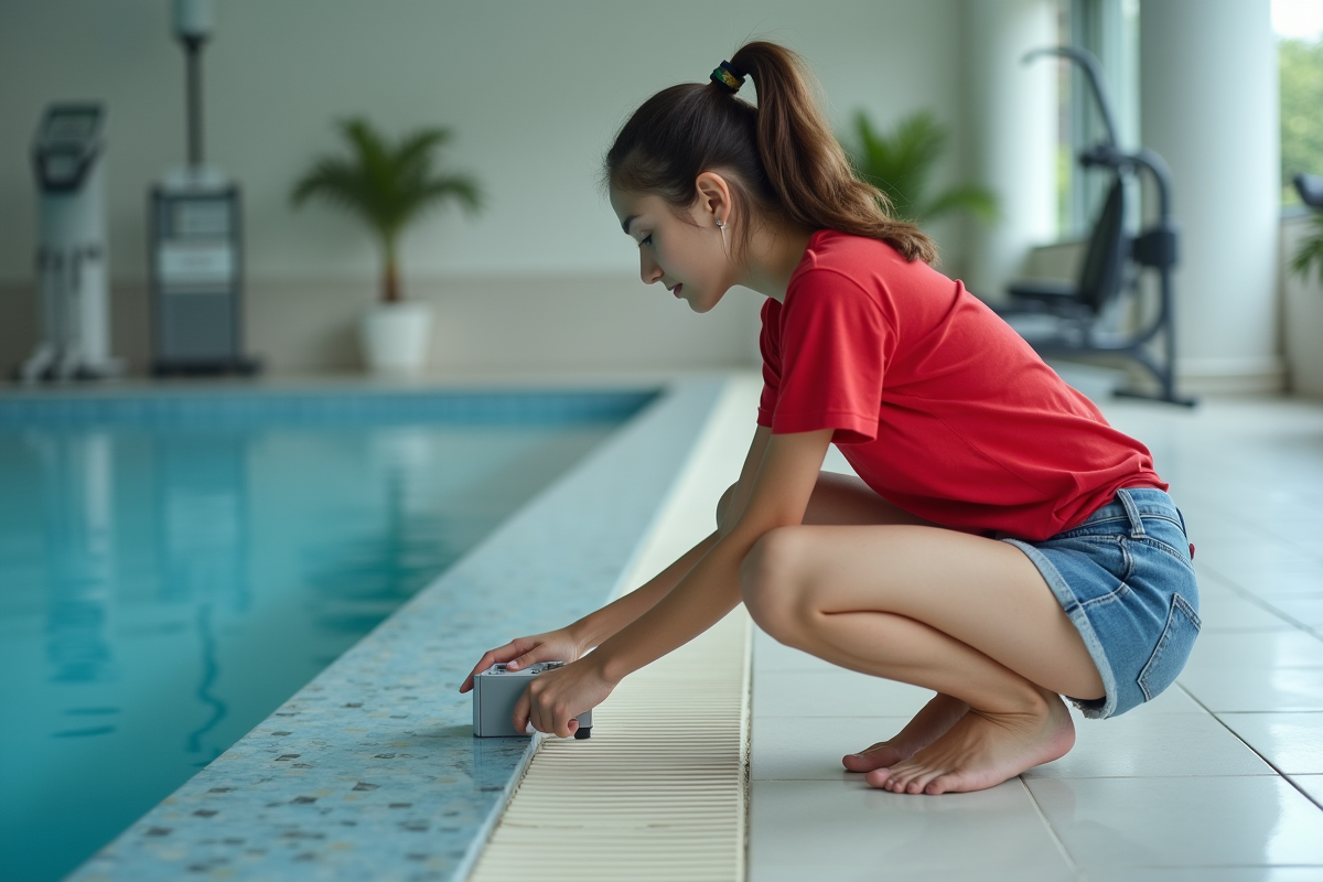 Jeune femme vérifiant un boîtier de contrôle piscine intérieure